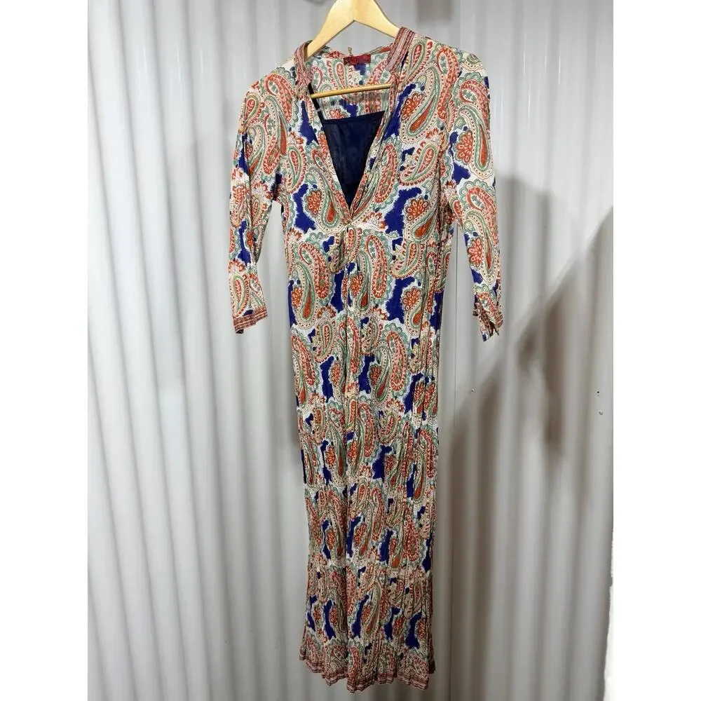 Nila Rubia NWT Hand Block Print Sz Sm Cotton Maxi Dress Two-Piece Layered